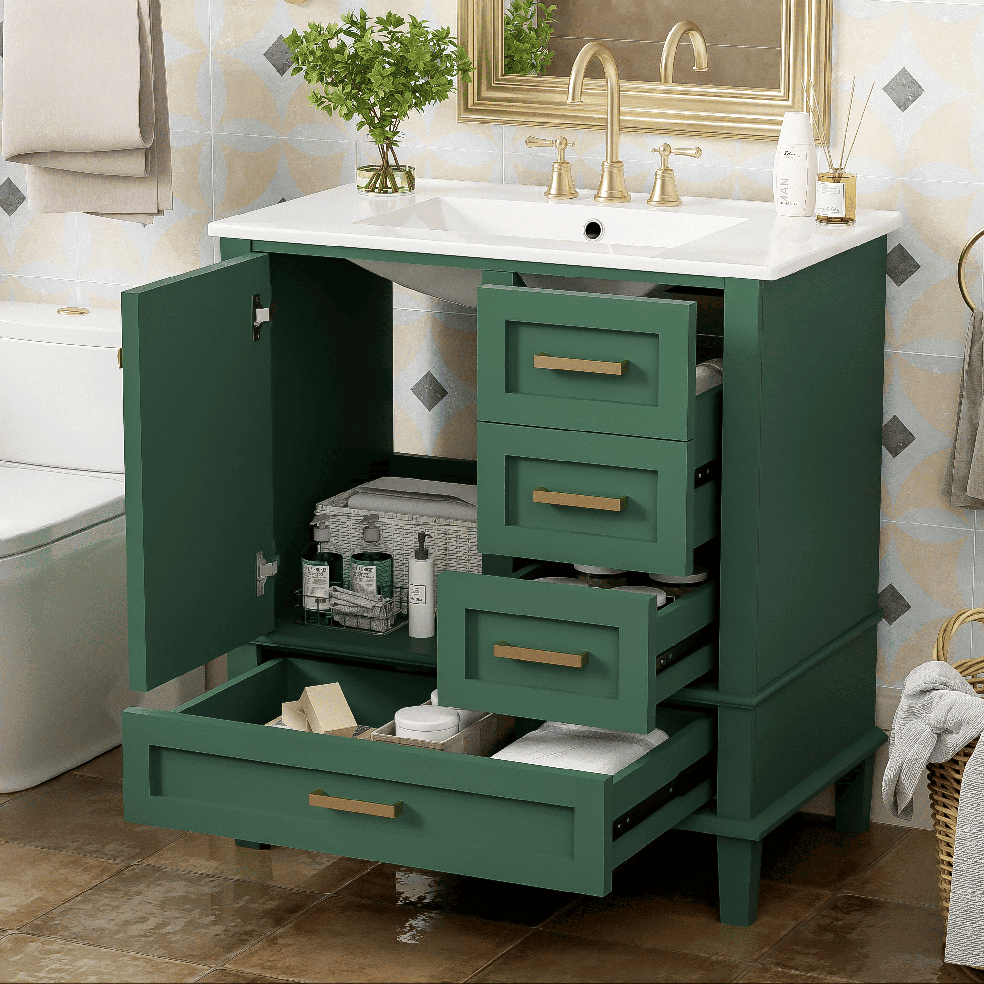 30" Bathroom Vanity in Green, Modern Bathroom Cabinet with Sink Combo Set, Bathroom Storage Cabinet with a Soft Closing Door and 3 Drawers 30" Bathroom Vanity in Green, Modern Bathroom Cabinet with Sink Combo Set, Bathroom Storage Cabinet with a Soft Closing Door and 3 Drawers