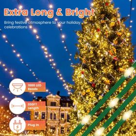 330FT Christmas String Lights 1000 LED, 8 Modes & 8 Brightness Levels with Remote & Timer, IP44 Waterproof Extra-Long Lights for Tree Patio Yard (Option: Warm)