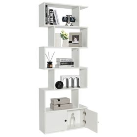 6-Tier S-Shaped Freestanding Bookshelf with Cabinet and Doors (Color: White)