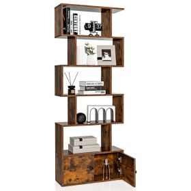 6-Tier S-Shaped Freestanding Bookshelf with Cabinet and Doors (Color: Coffee)
