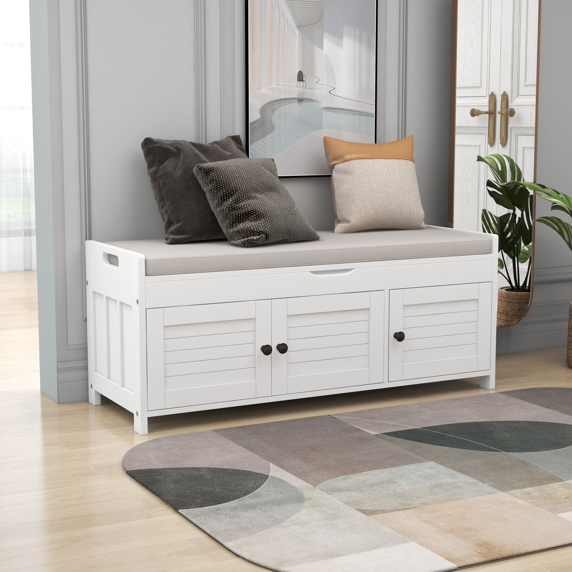 Storage Bench with 3 Shutter-shaped Doors,Shoe Bench with Removable Cushion and Hidden Storage Space Storage Bench with 3 Shutter-shaped Doors,Shoe Bench with Removable Cushion and Hidden Storage Space