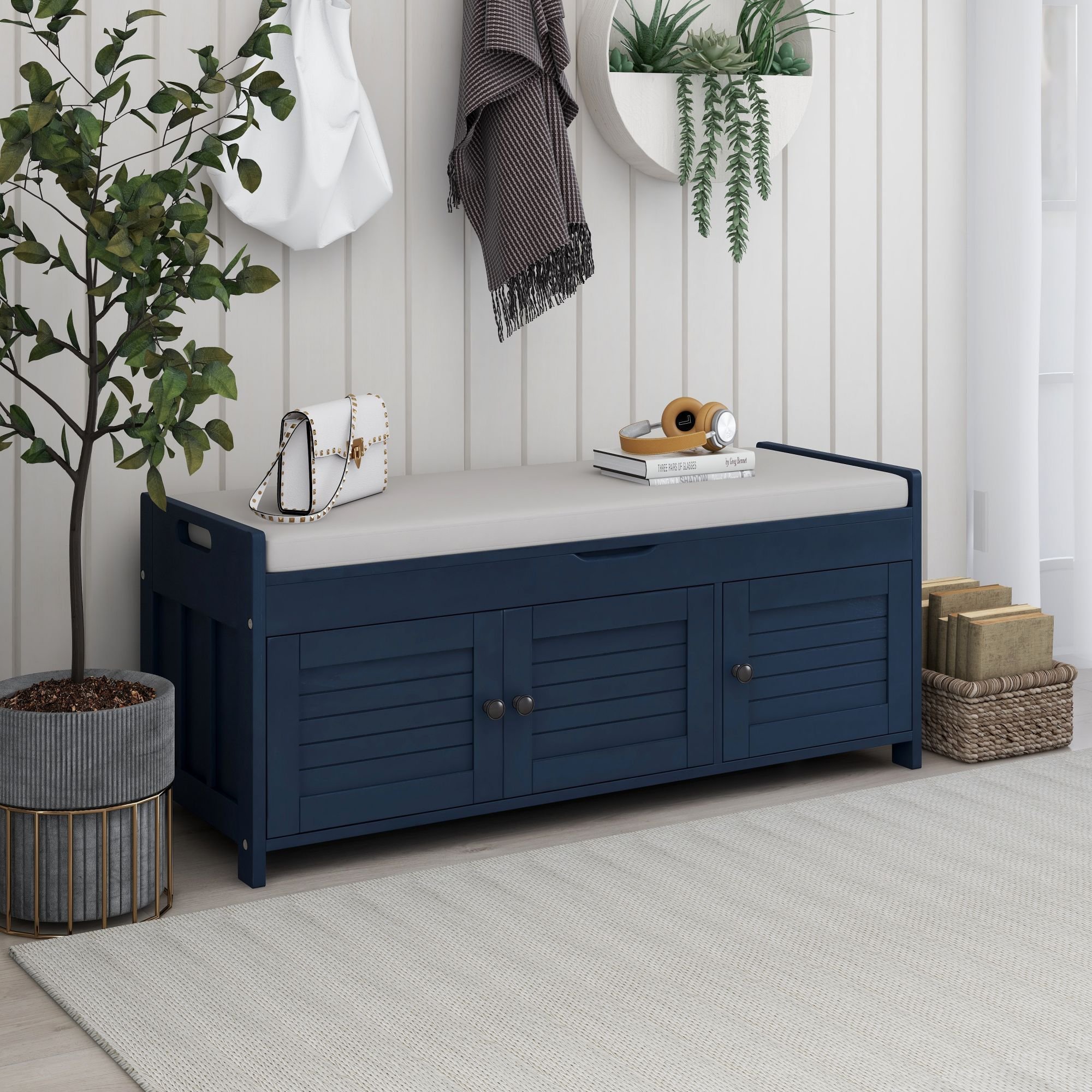 Storage Bench with 3 Shutter-shaped Doors,Shoe Bench with Removable Cushion and Hidden Storage Space Storage Bench with 3 Shutter-shaped Doors,Shoe Bench with Removable Cushion and Hidden Storage Space