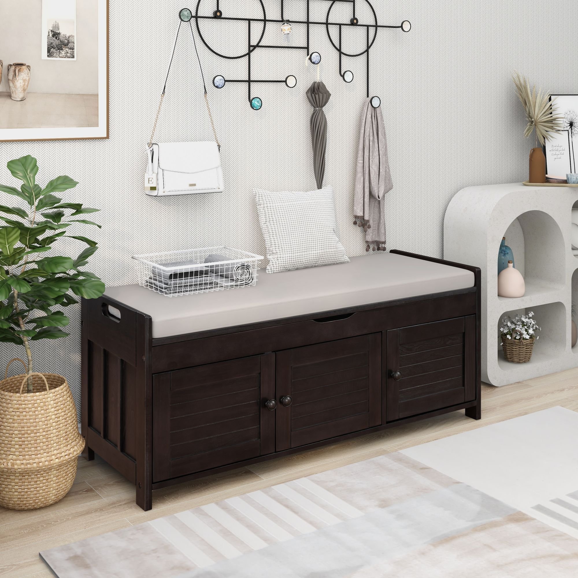Storage Bench with 3 Shutter-shaped Doors,Shoe Bench with Removable Cushion and Hidden Storage Space Storage Bench with 3 Shutter-shaped Doors,Shoe Bench with Removable Cushion and Hidden Storage Space